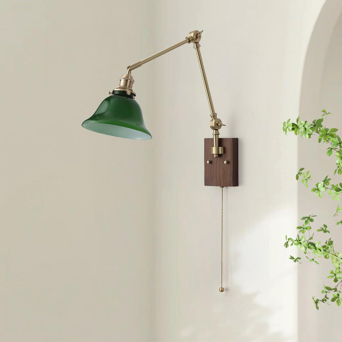 Velra Wall Lamp Brass and Glass Shade Walnut Wood Base Adjustable Arm Vintage-Neutral Decor