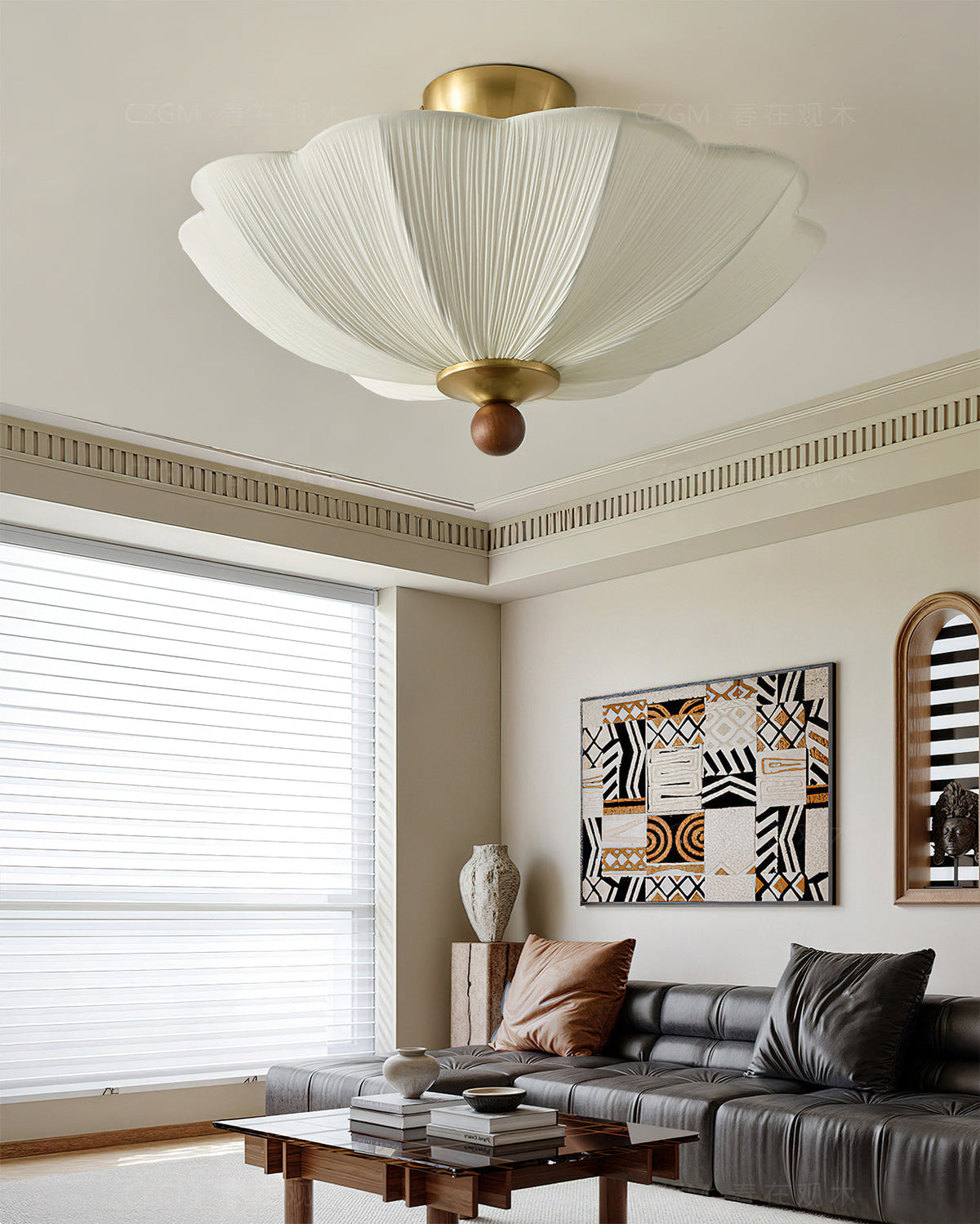The ceiling light installed in a luxury nursery, adding a touch of sophistication.