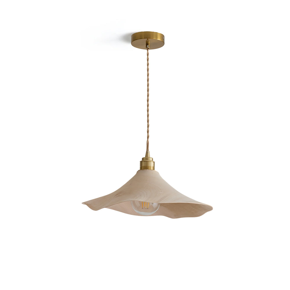 Baxter Pendant Light with a wave-like wood shade and gold fixture.