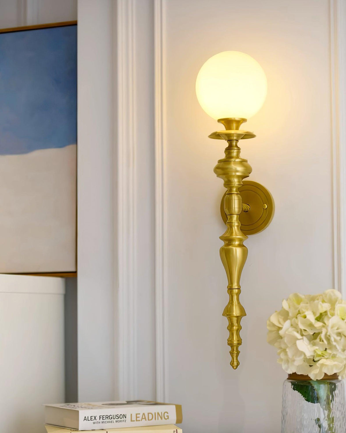 Wall Lamp Sculpted Brass Body Globe Shade Classic Elegant Statement-Neutral Decor