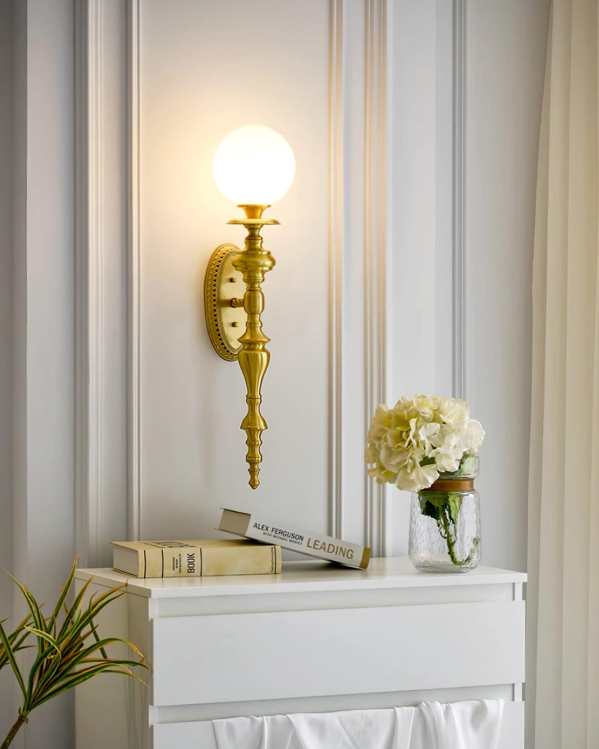 Wall Lamp Sculpted Brass Body Globe Shade Classic Elegant Statement-Neutral Decor