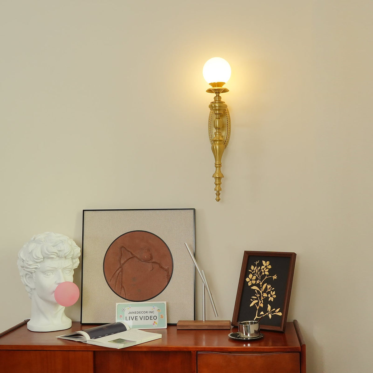 Wall Lamp Sculpted Brass Body Globe Shade Classic Elegant Statement-Neutral Decor