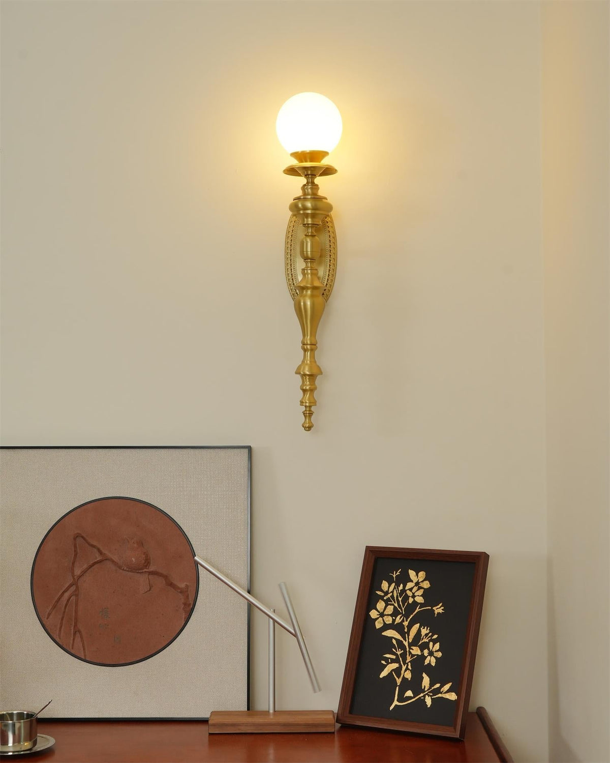 Wall Lamp Sculpted Brass Body Globe Shade Classic Elegant Statement-Neutral Decor