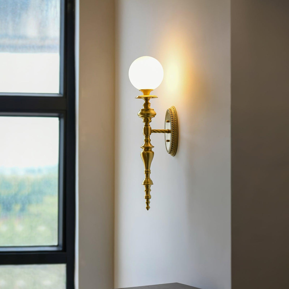 Wall Lamp Sculpted Brass Body Globe Shade Classic Elegant Statement-Neutral Decor