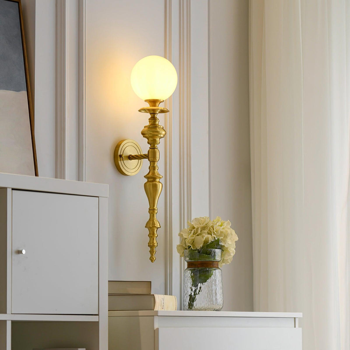 Wall Lamp Sculpted Brass Body Globe Shade Classic Elegant Statement-Neutral Decor