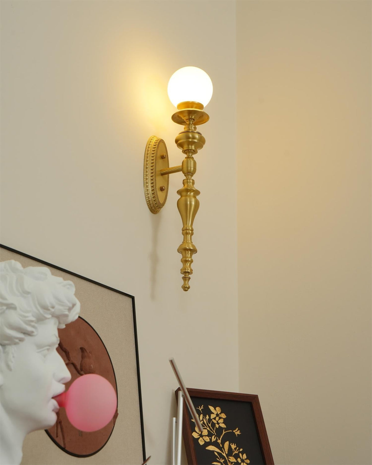Wall Lamp Sculpted Brass Body Globe Shade Classic Elegant Statement-Neutral Decor