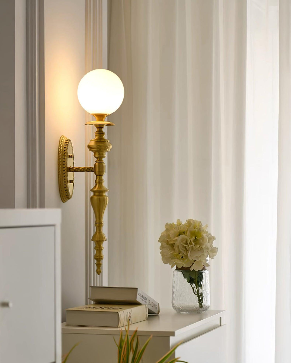 Wall Lamp Sculpted Brass Body Globe Shade Classic Elegant Statement-Neutral Decor