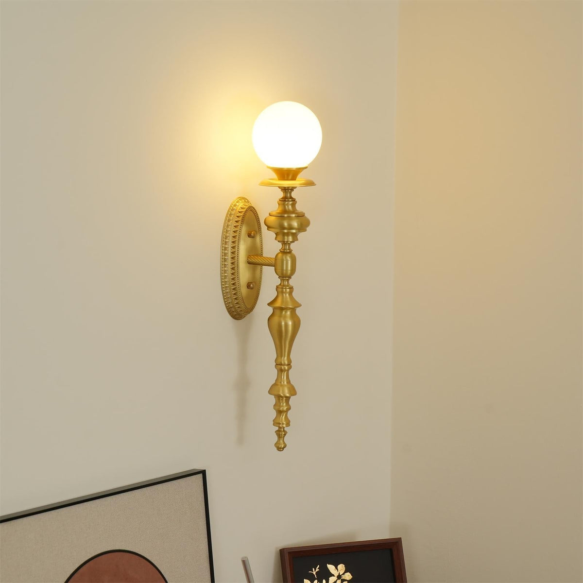 Wall Lamp Sculpted Brass Body Globe Shade Classic Elegant Statement-Neutral Decor