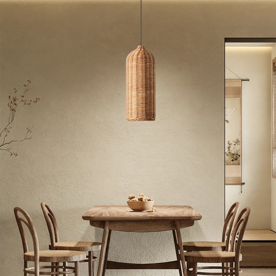 The warm, ambient light cast by the Beliani pendant light through its rattan weave.