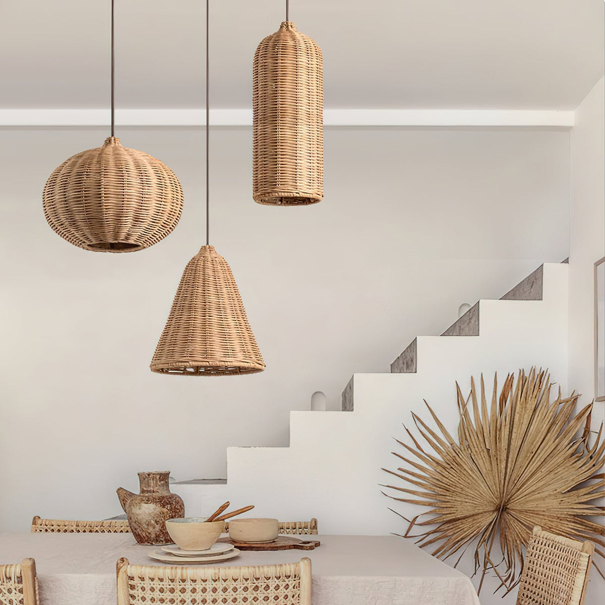 Model C of the Beliani pendant light with a wide, bowl-shaped rattan shade.