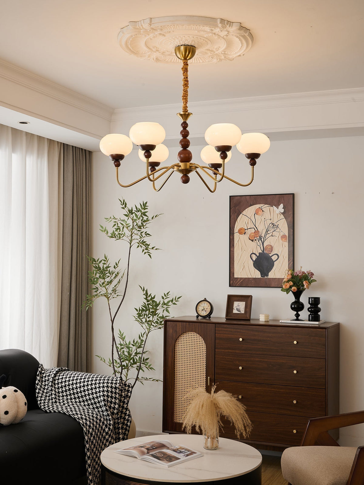 Sorenina Lustre Verre Bois Laiton Moderne 6-Lumières