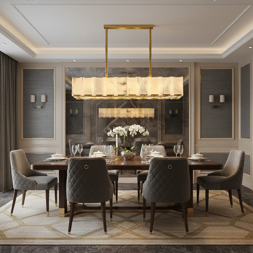 Angled view of the 10-head Bernardi alabaster chandelier.