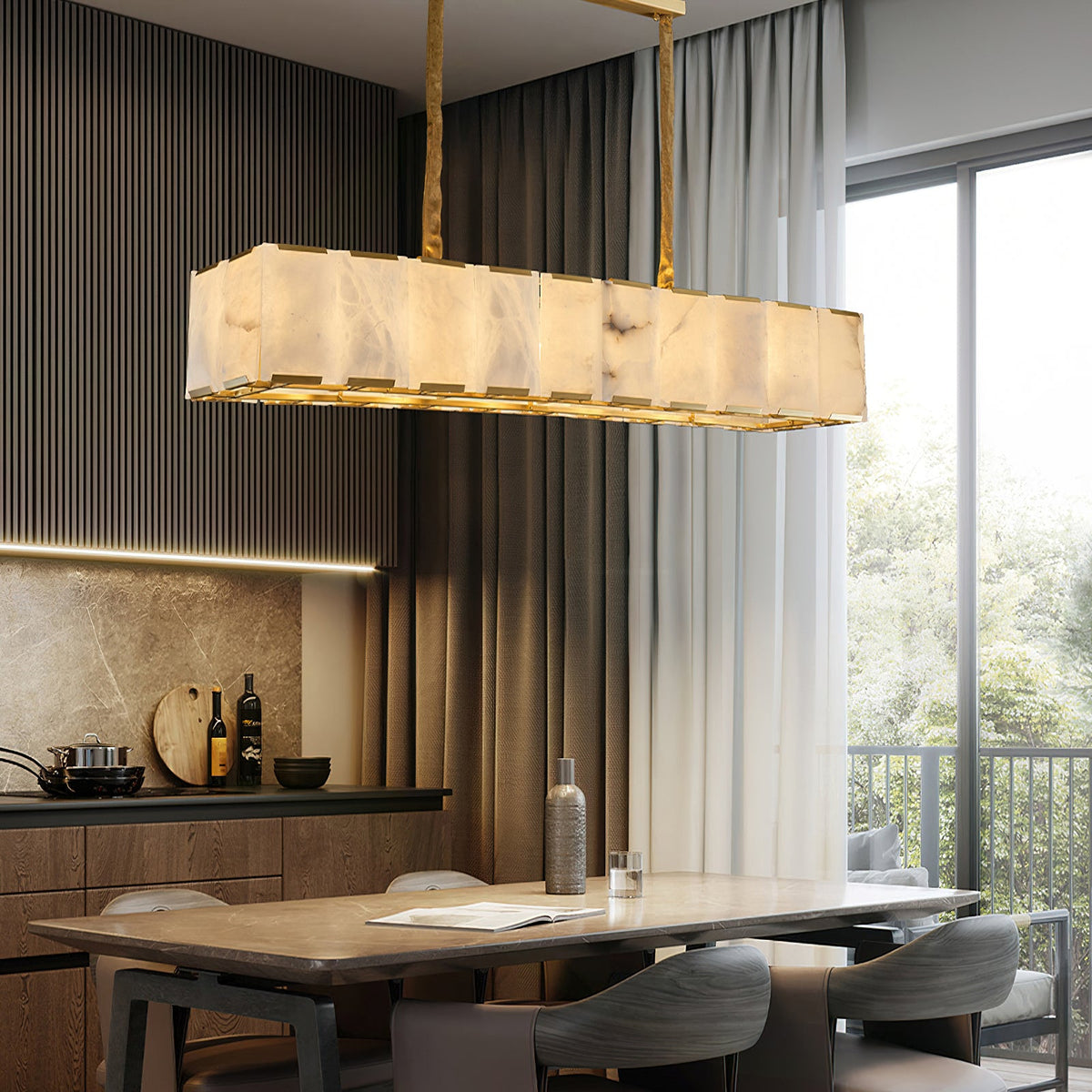 Close-up view of the Bernardi chandelier's alabaster panels and brass frame.