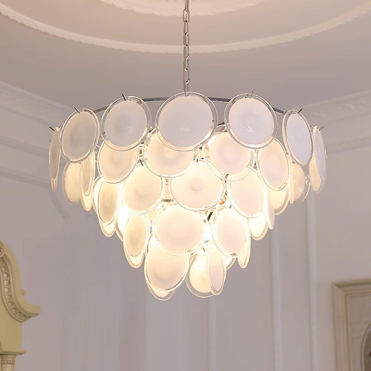 Lumirae Chandelier Cascading Frosted Glass Discs-Neutral Decor