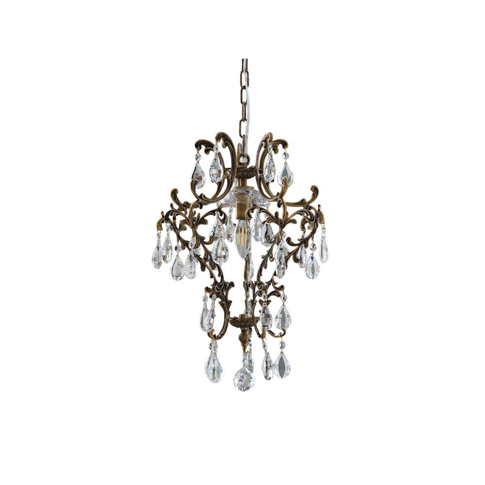 Antique brass birdcage pendant light with crystal drops.