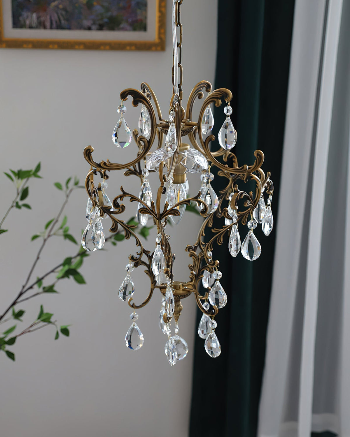 Side view of the brass birdcage pendant light.