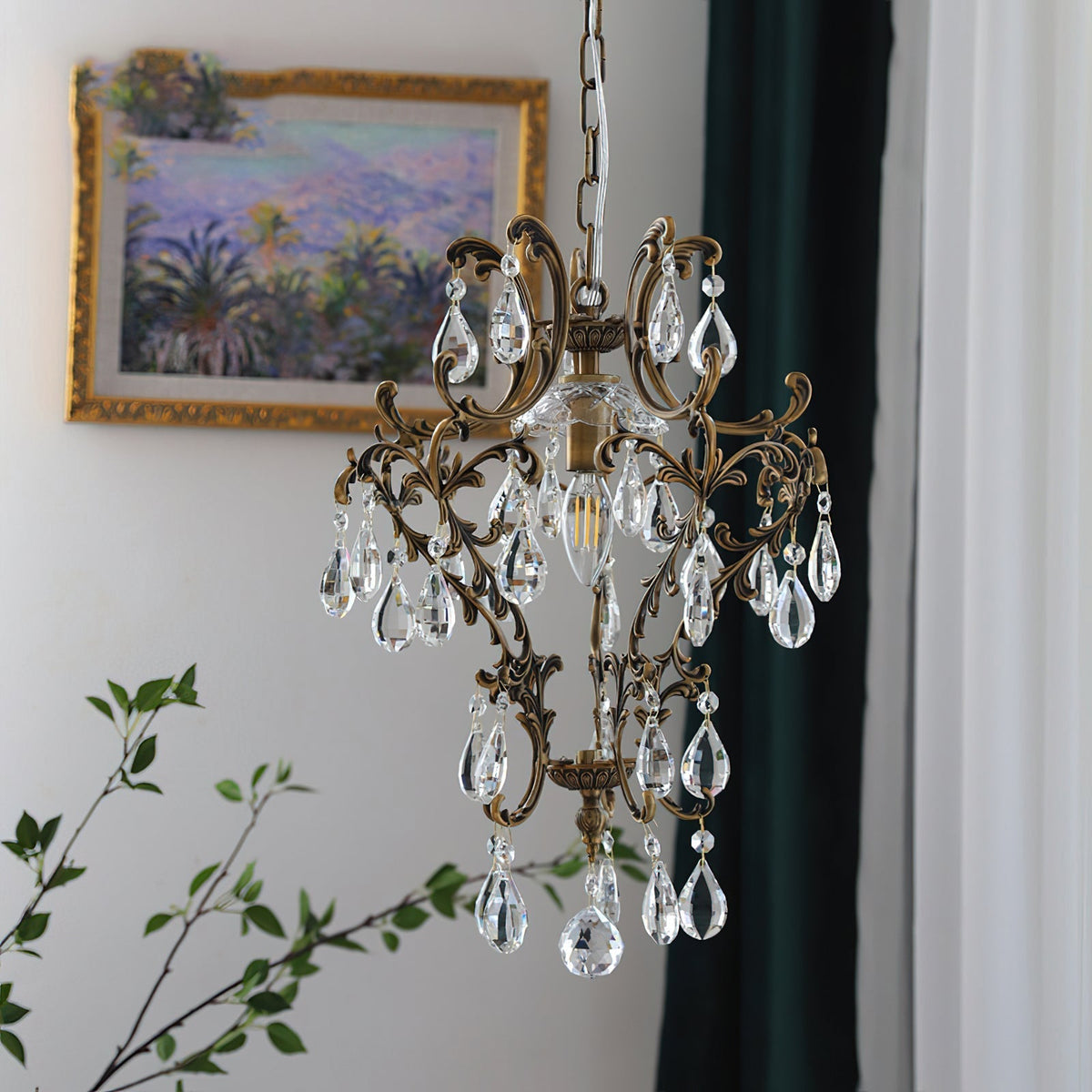 The pendant light casting patterns on the ceiling.