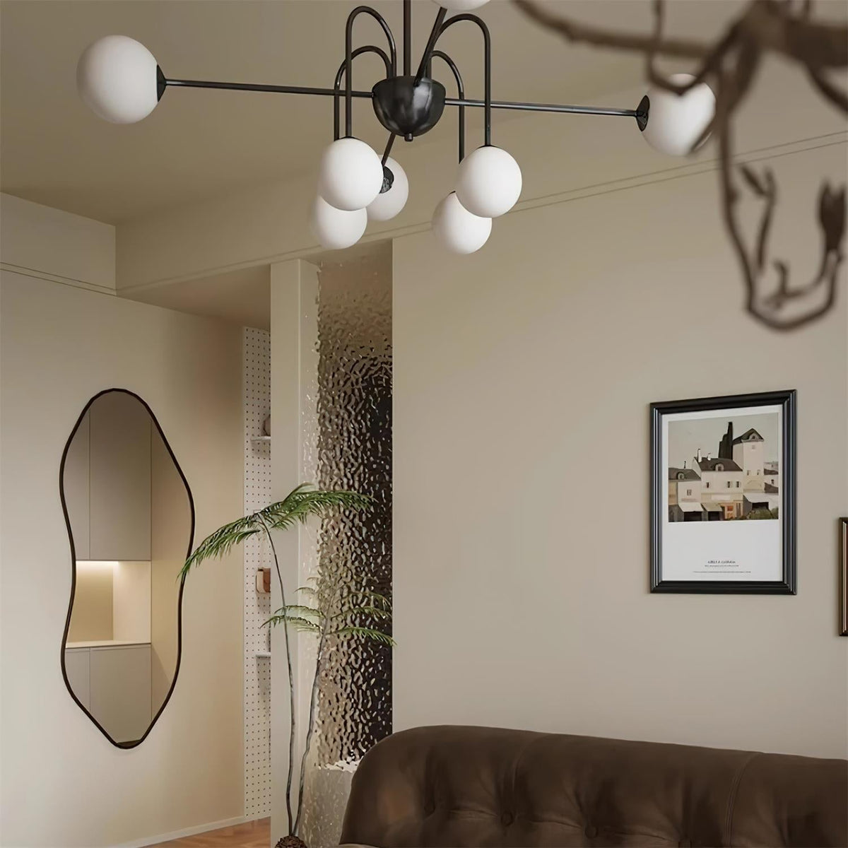 Chandelier Black Metal Arches Glass Globes Minimalist-Neutral Decor