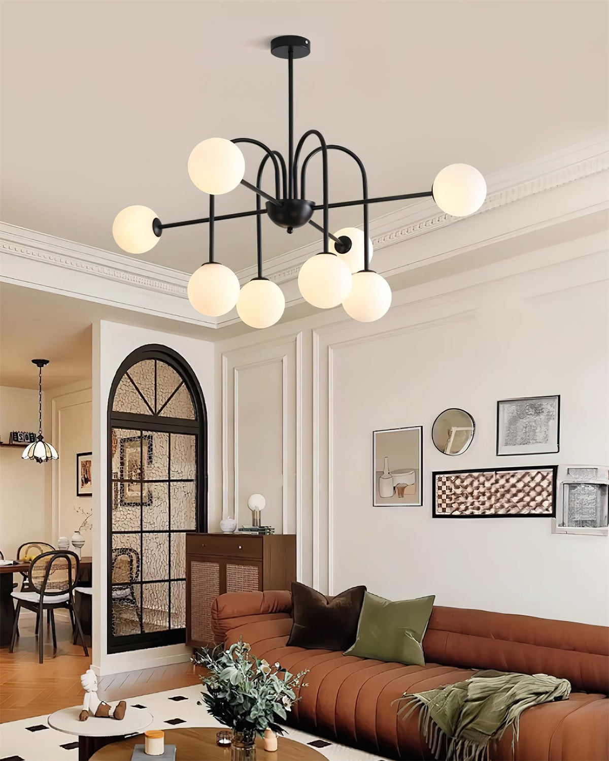 Chandelier Black Metal Arches Glass Globes Minimalist-Neutral Decor