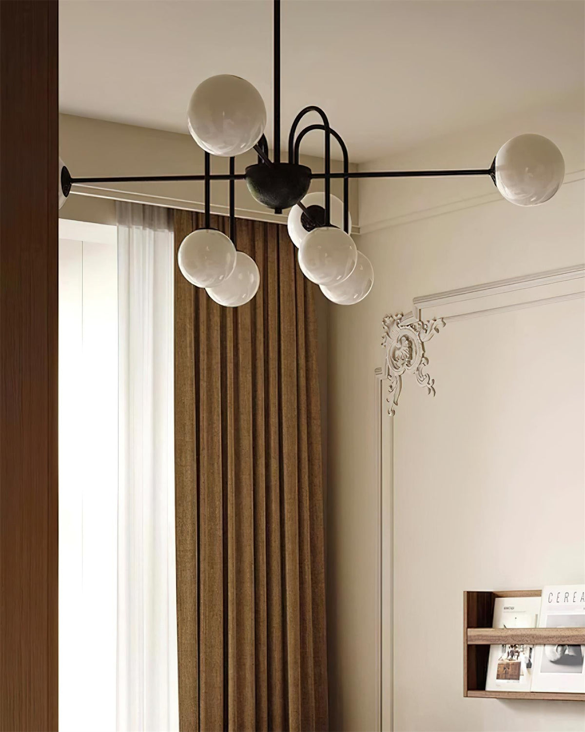 Chandelier Black Metal Arches Glass Globes Minimalist-Neutral Decor