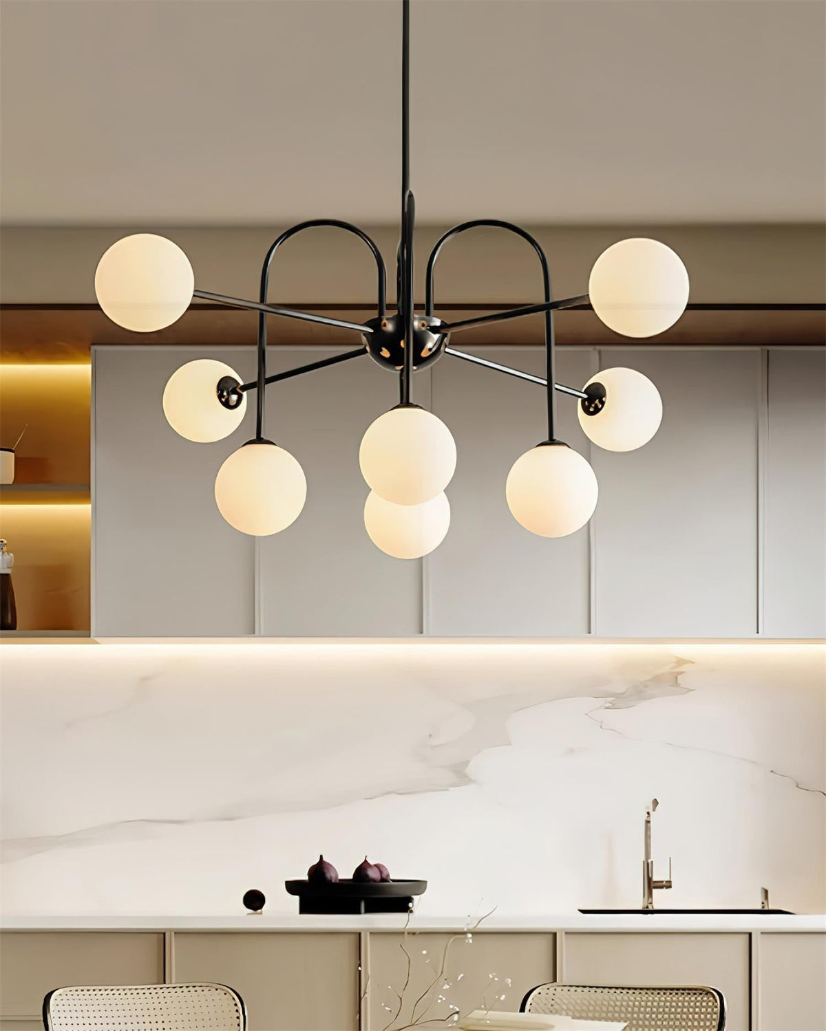 Chandelier Black Metal Arches Glass Globes Minimalist-Neutral Decor