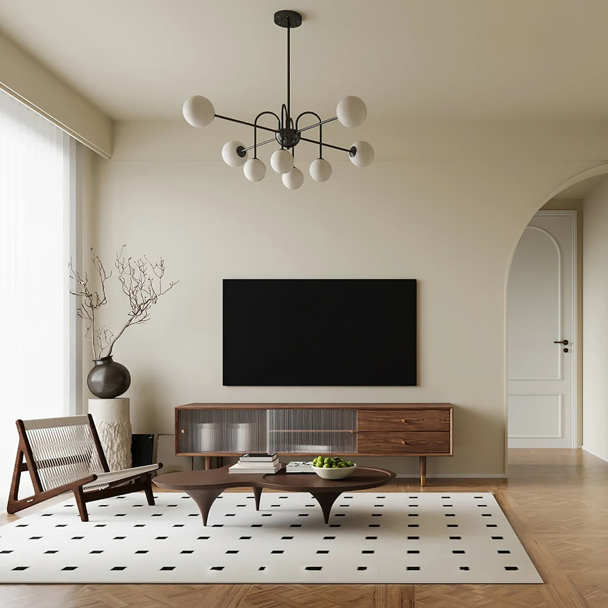 Chandelier Black Metal Arches Glass Globes Minimalist-Neutral Decor