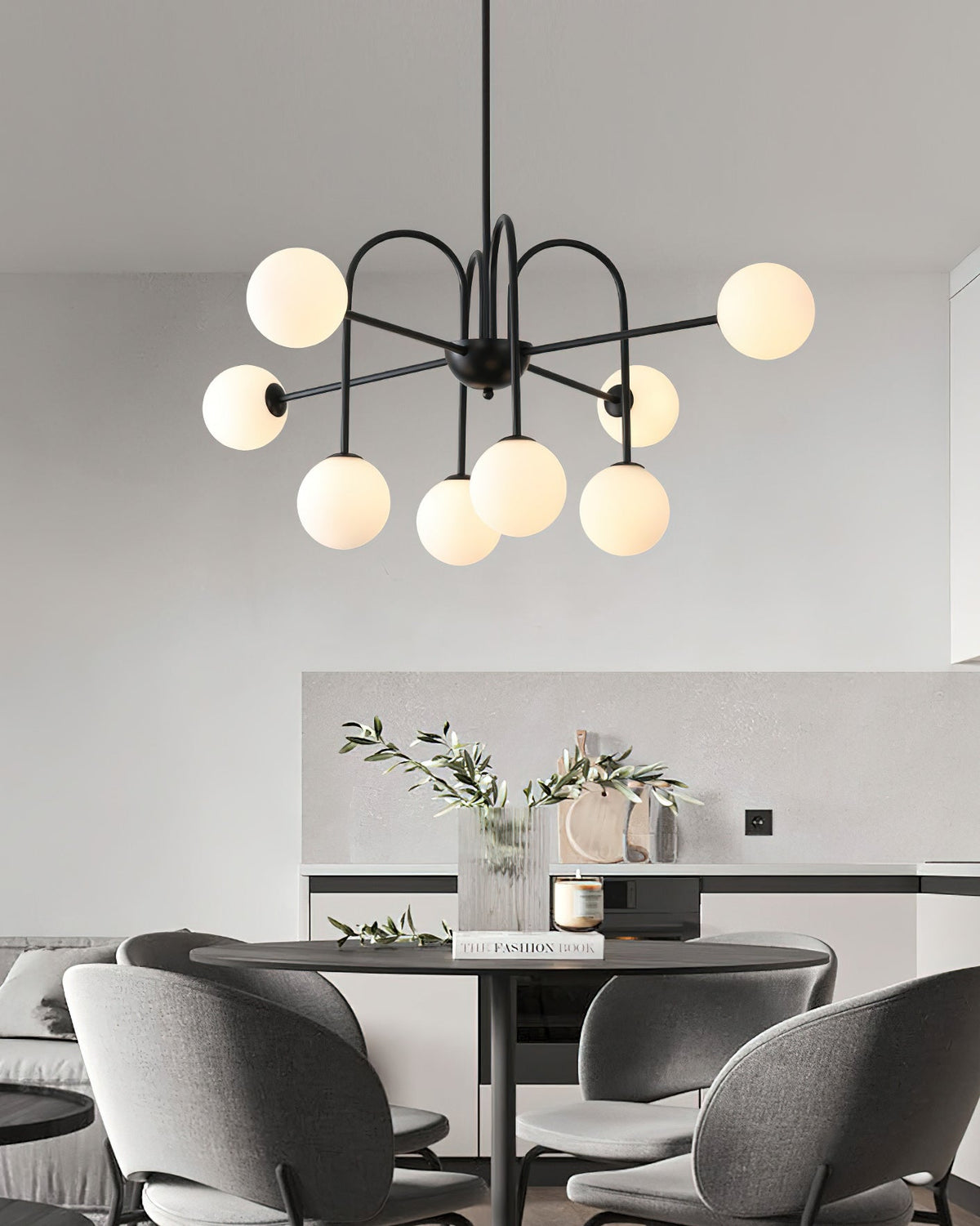 Chandelier Black Metal Arches Glass Globes Minimalist-Neutral Decor