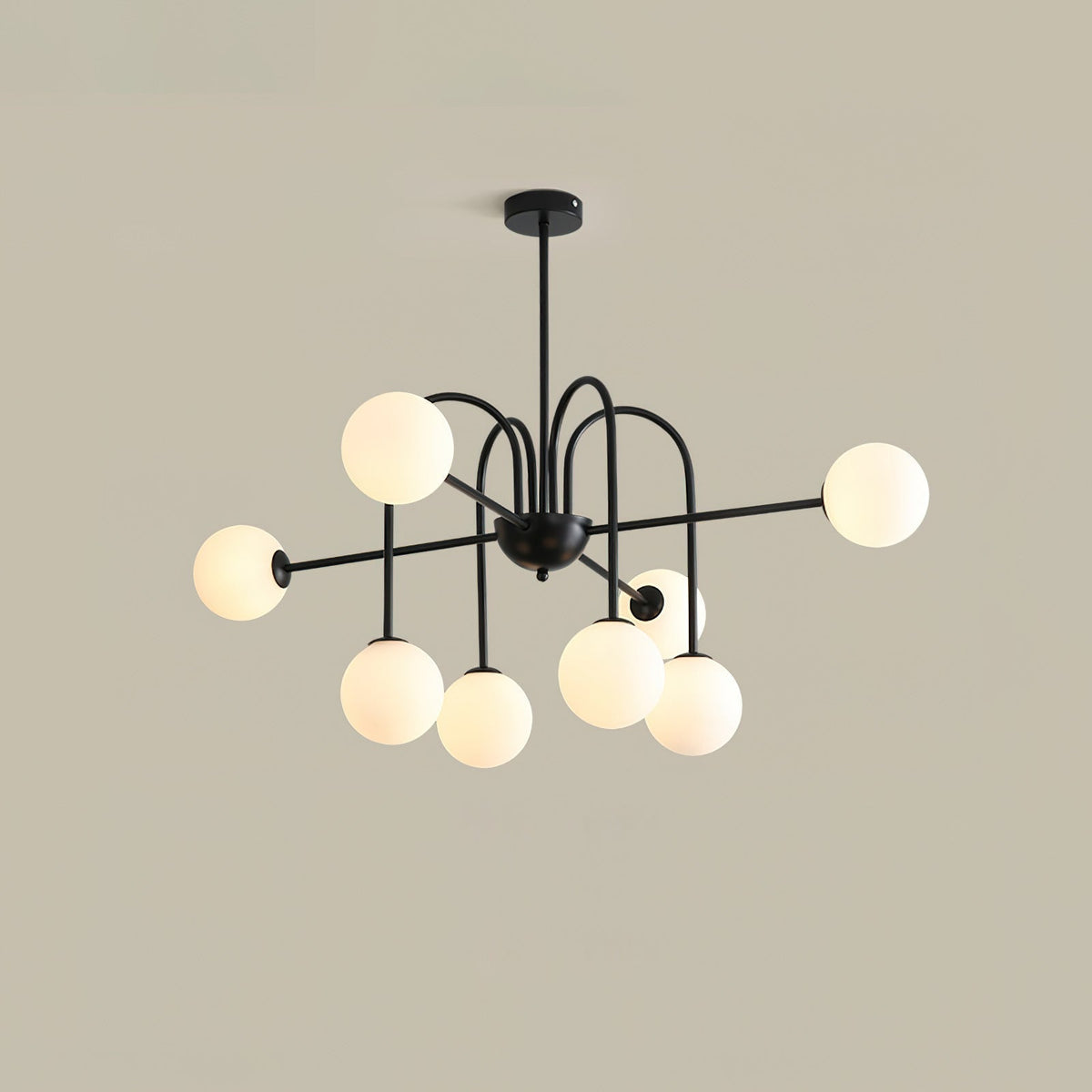 Chandelier Black Metal Arches Glass Globes Minimalist-Neutral Decor