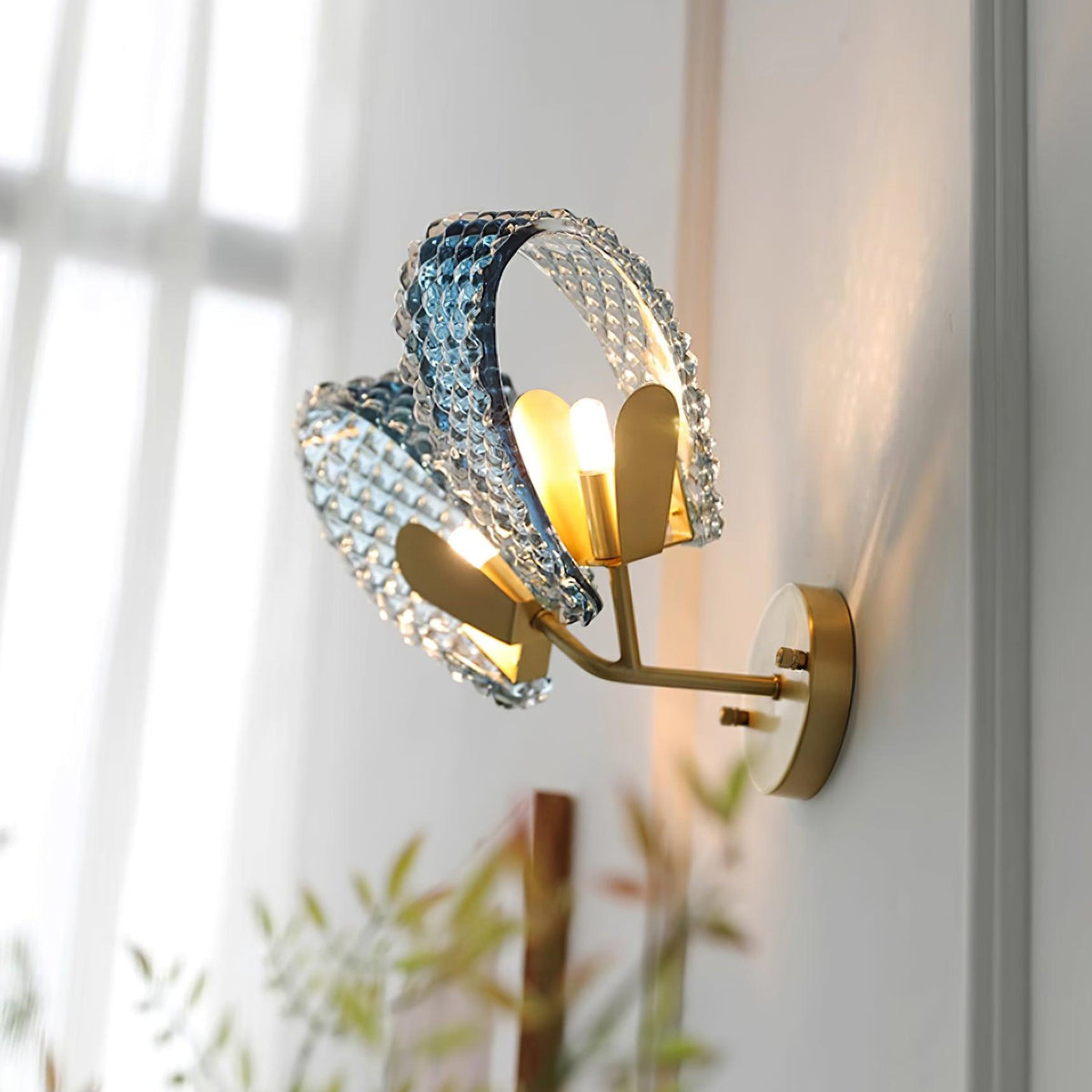Wall Lamp Blue Ribbed Glass Ribbons Brass-Neutral Decor