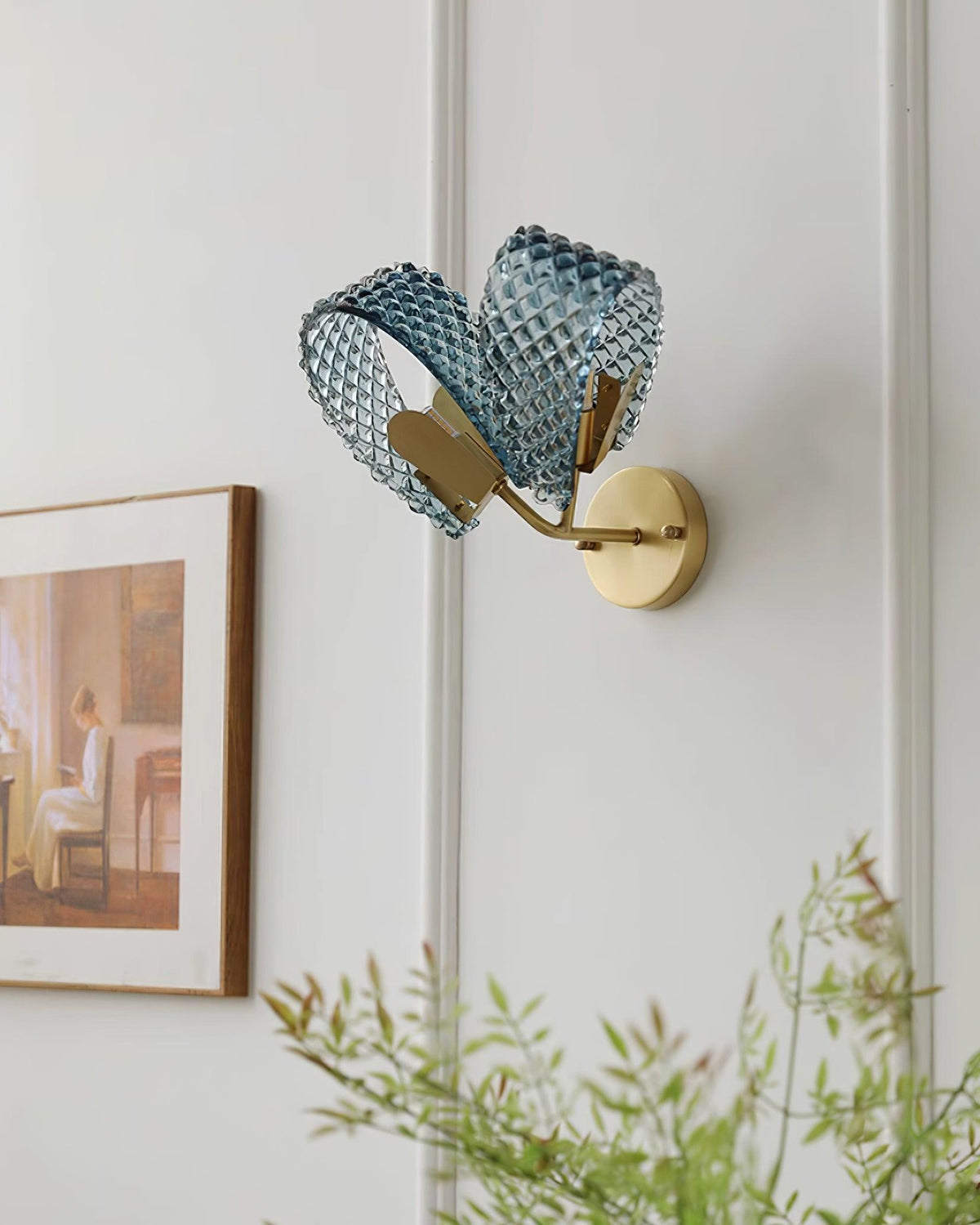 Wall Lamp Blue Ribbed Glass Ribbons Brass-Neutral Decor
