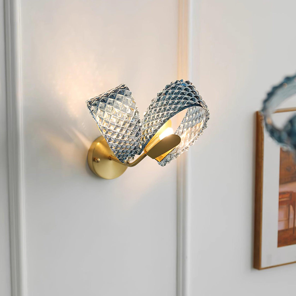 Wall Lamp Blue Ribbed Glass Ribbons Brass-Neutral Decor