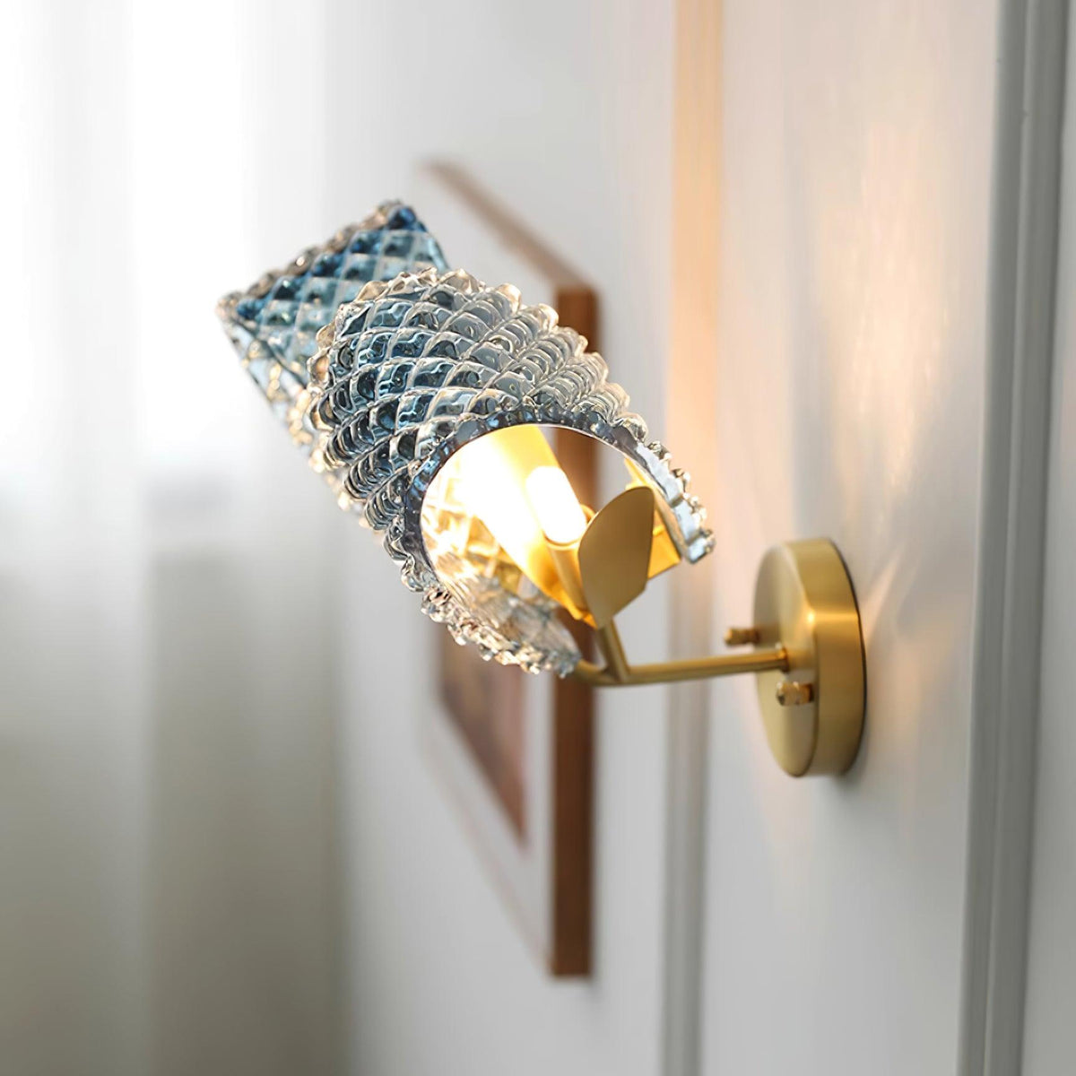 Wall Lamp Blue Ribbed Glass Ribbons Brass-Neutral Decor