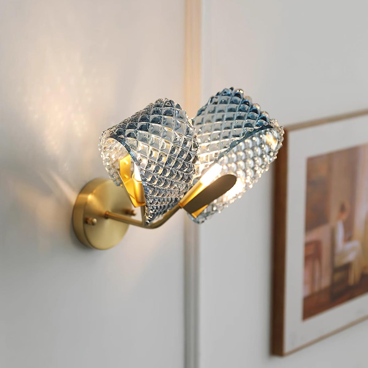 Wall Lamp Blue Ribbed Glass Ribbons Brass-Neutral Decor