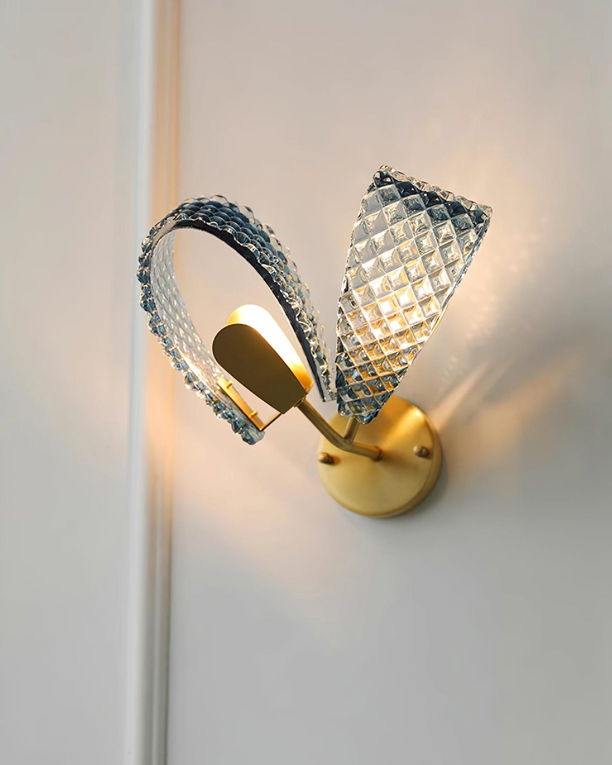 Wall Lamp Blue Ribbed Glass Ribbons Brass-Neutral Decor