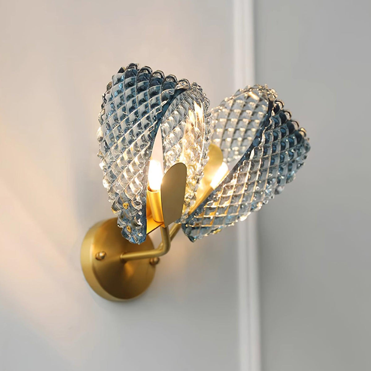 Wall Lamp Blue Ribbed Glass Ribbons Brass-Neutral Decor