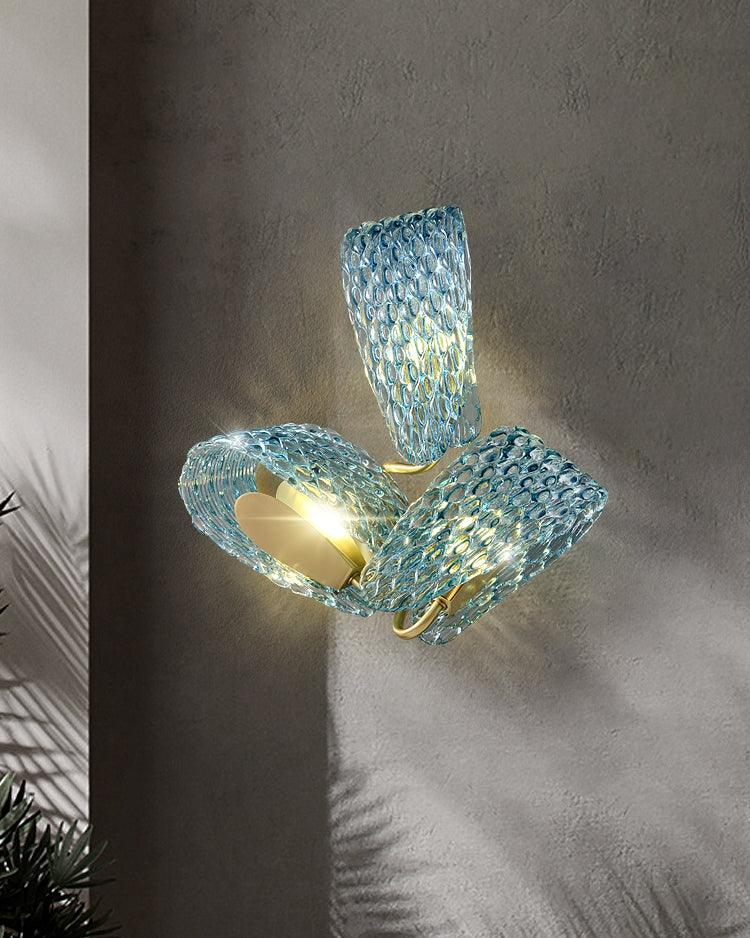 Wall Lamp Blue Ribbed Glass Ribbons Brass-Neutral Decor