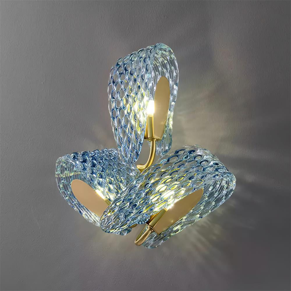 Wall Lamp Blue Ribbed Glass Ribbons Brass-Neutral Decor
