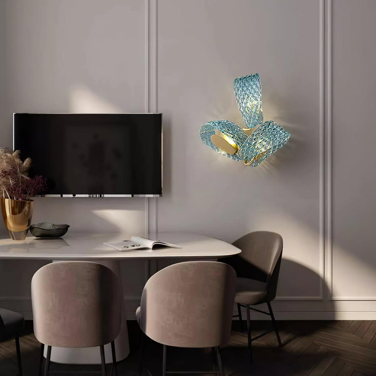 Wall Lamp Blue Ribbed Glass Ribbons Brass-Neutral Decor