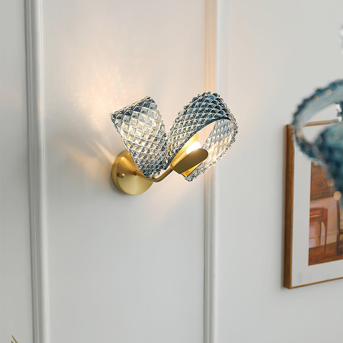 Wall Lamp Blue Ribbed Glass Ribbons Brass-Neutral Decor