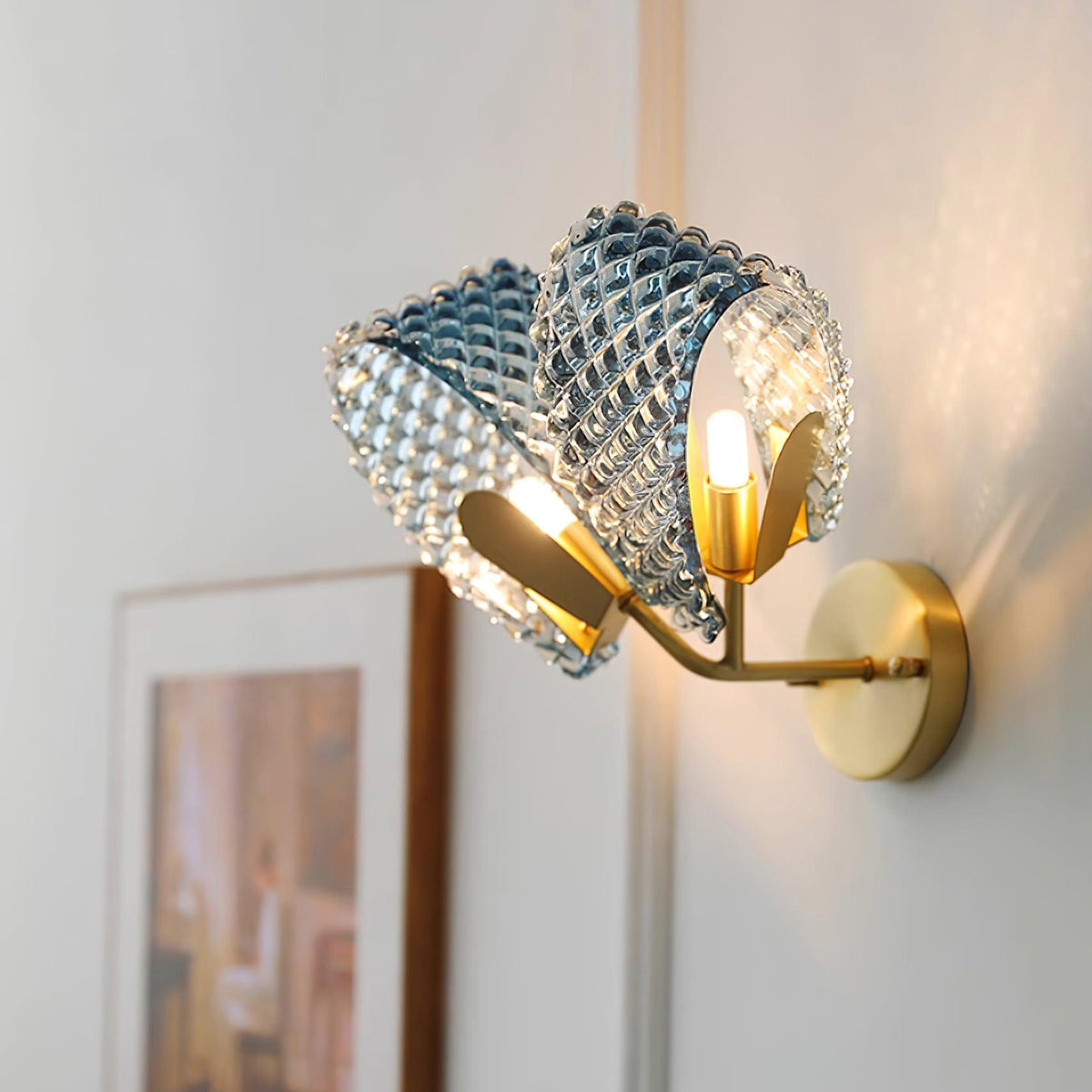 Wall Lamp Blue Ribbed Glass Ribbons Brass-Neutral Decor