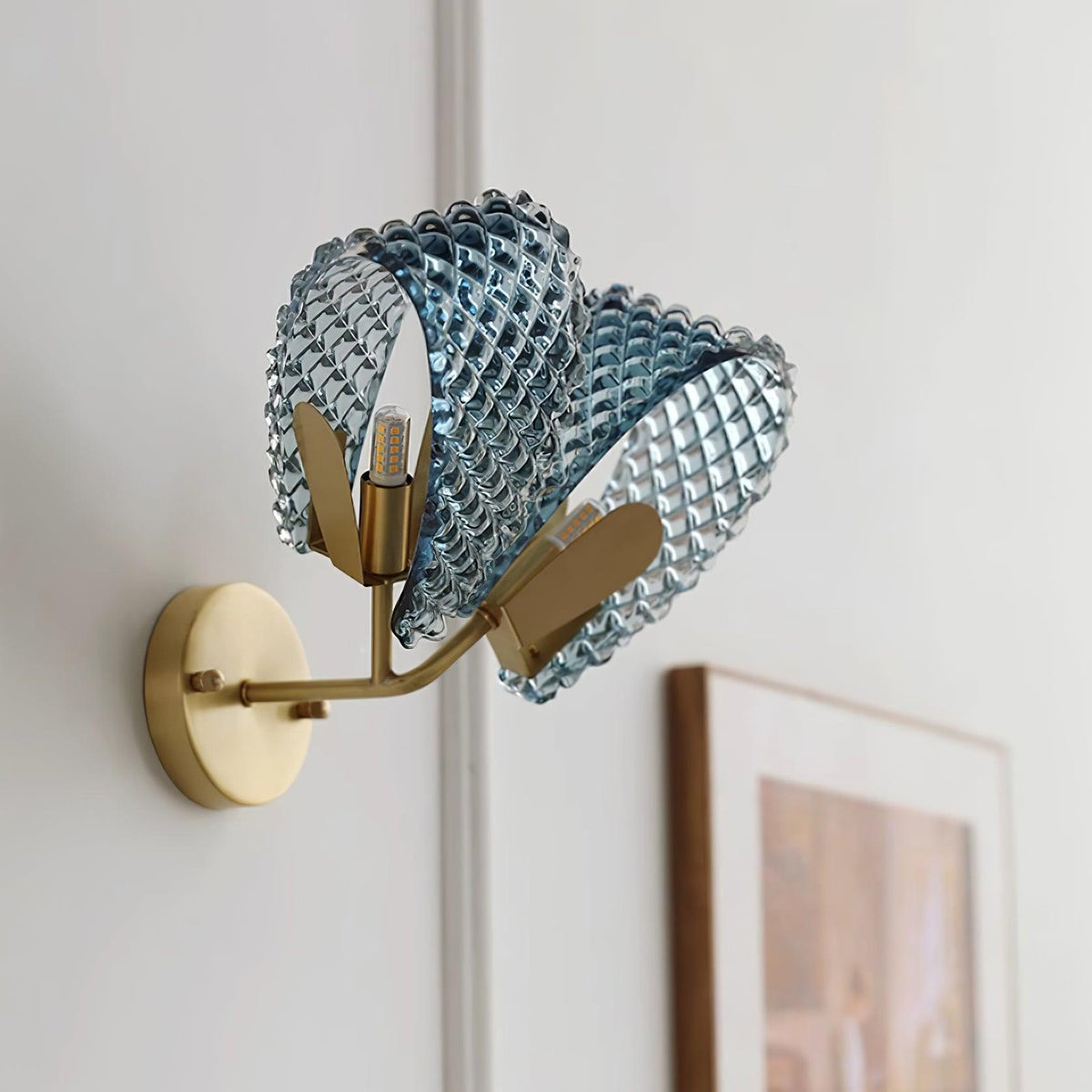 Wall Lamp Blue Ribbed Glass Ribbons Brass-Neutral Decor