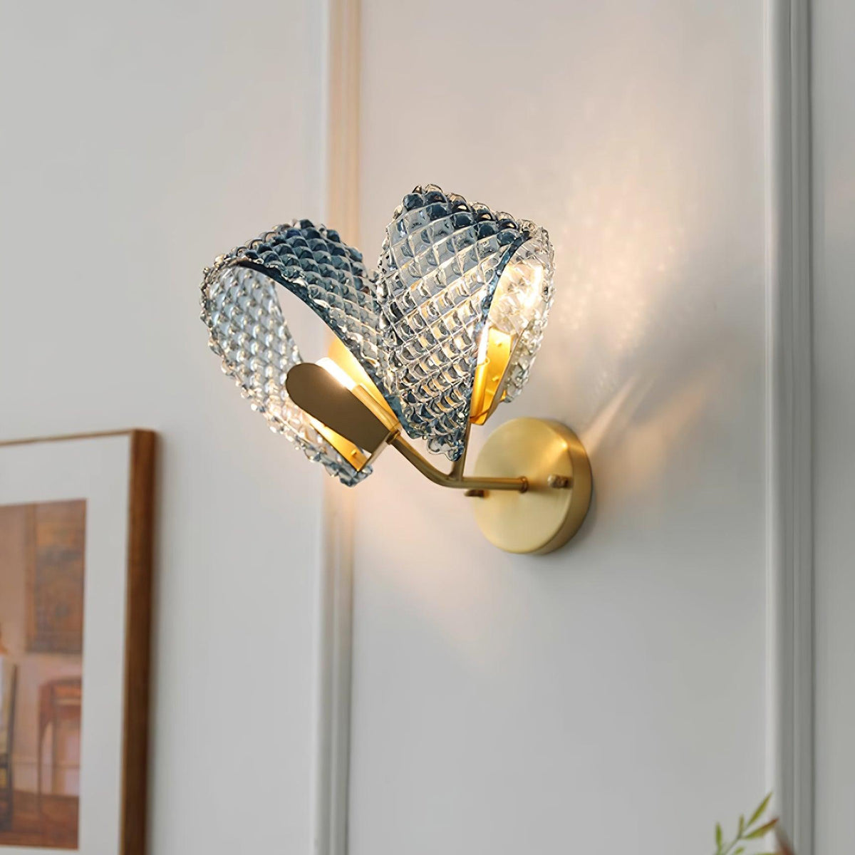 Wall Lamp Blue Ribbed Glass Ribbons Brass-Neutral Decor