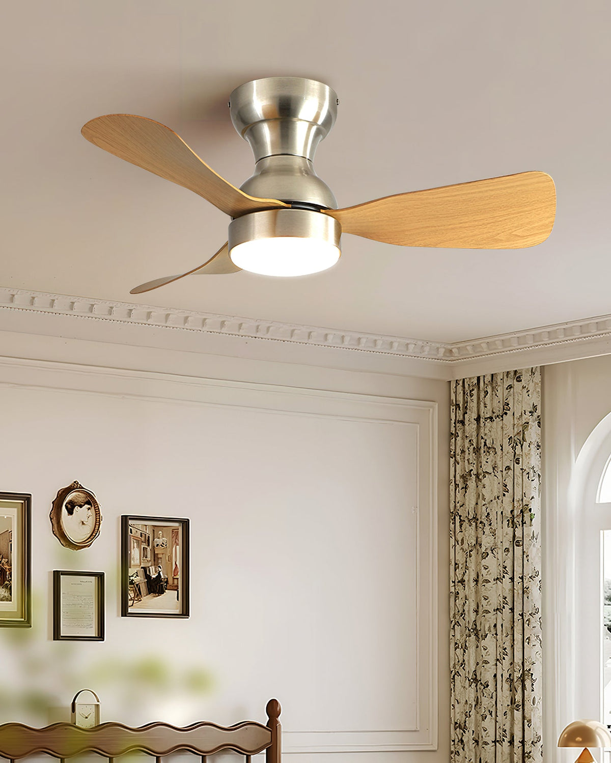 Bobe Ceiling Fan Light in walnut finish, angled view.