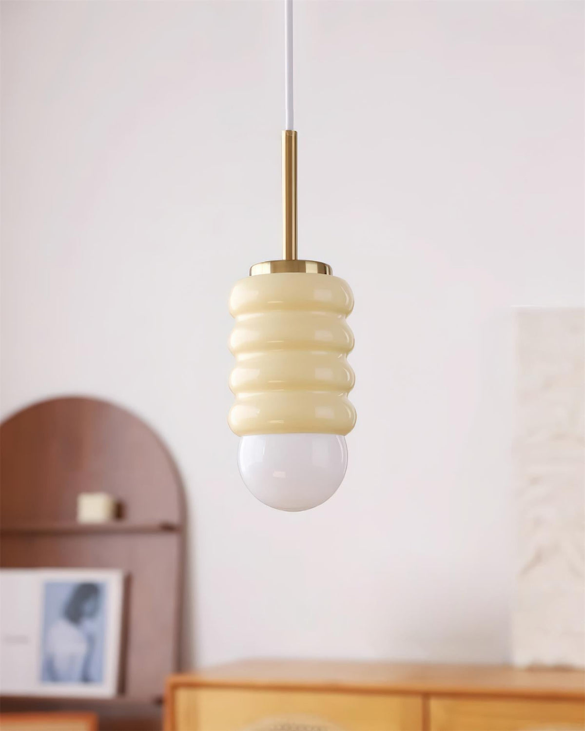 Pendant Light Ribbed Ceramic Brass Midcentury-Neutral Decor
