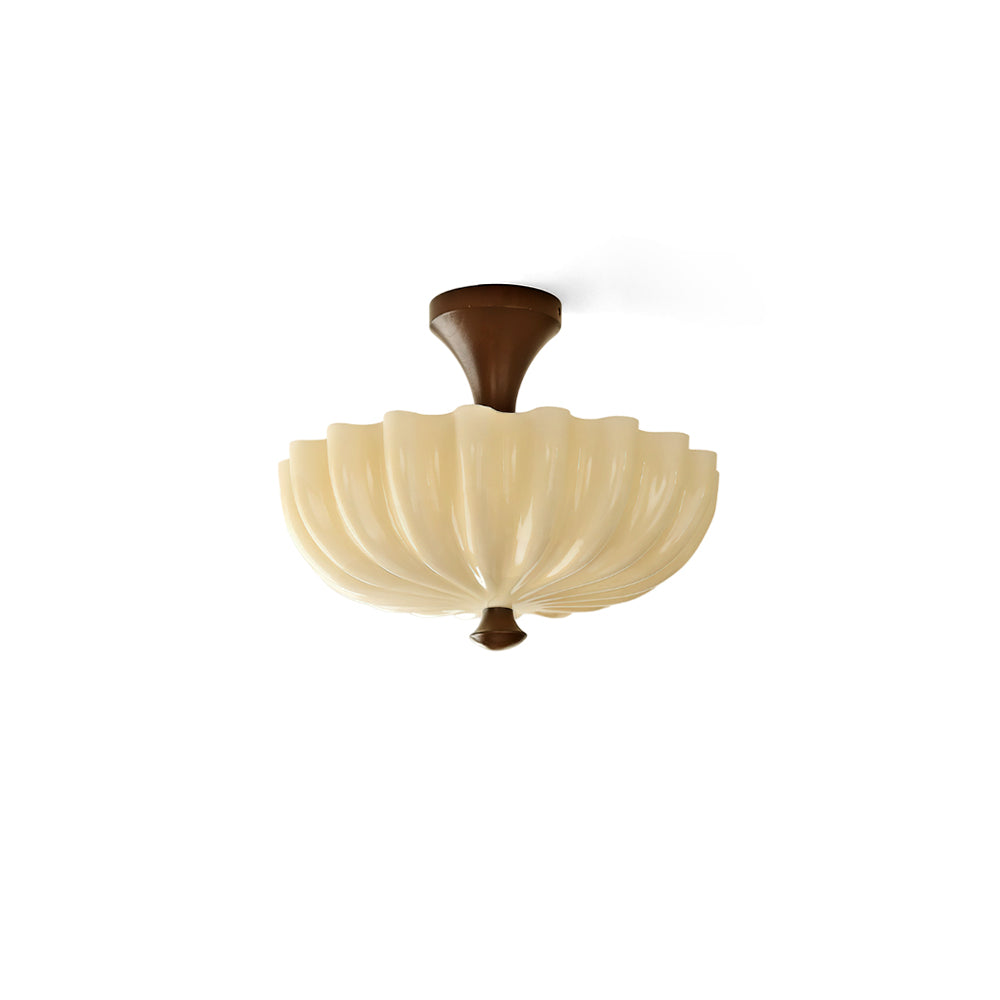 Bofea Ceiling Lamp with cream wood finish and flower-shaped glass shade.