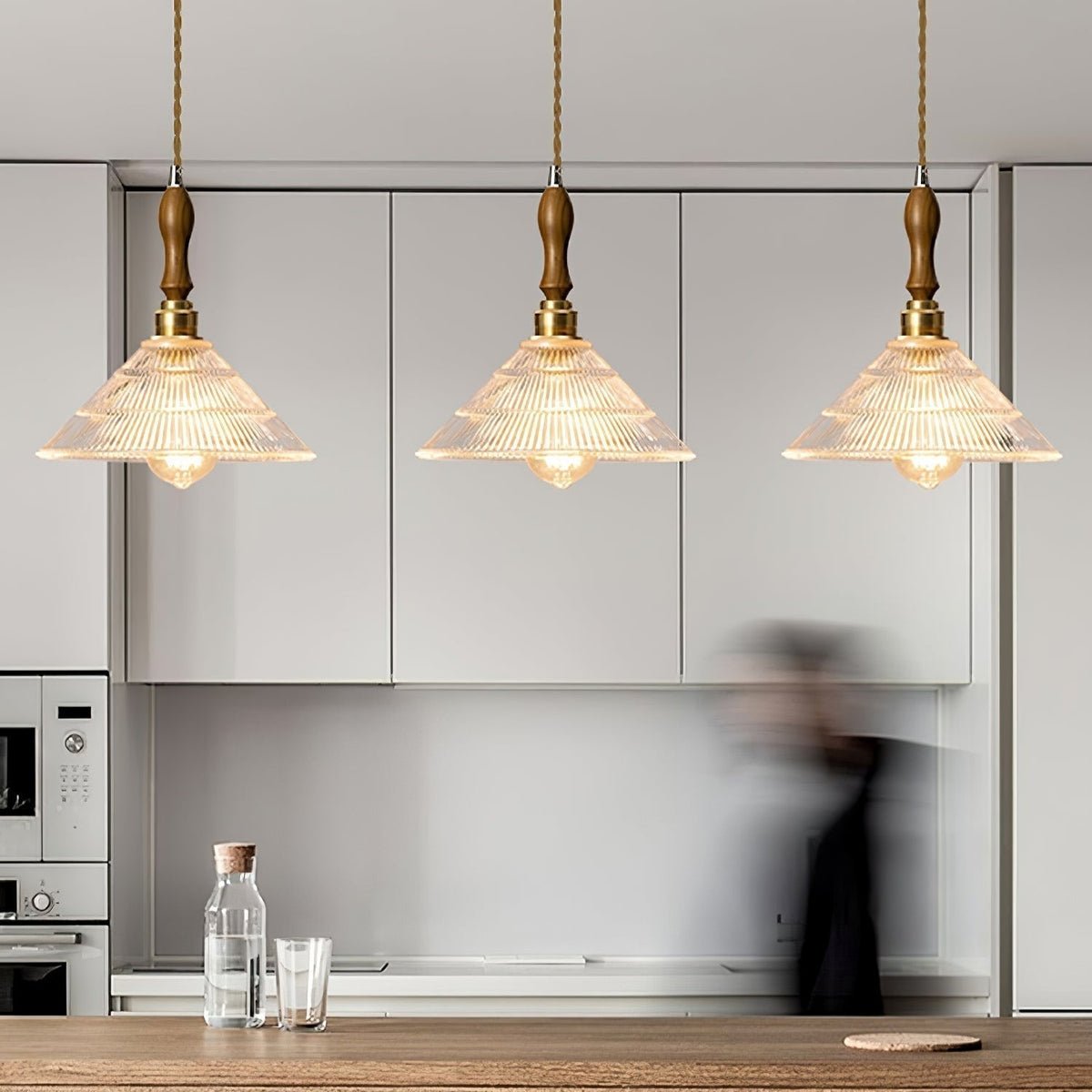 Arcara Suspension en Bois et Verre Ondulé Vintage