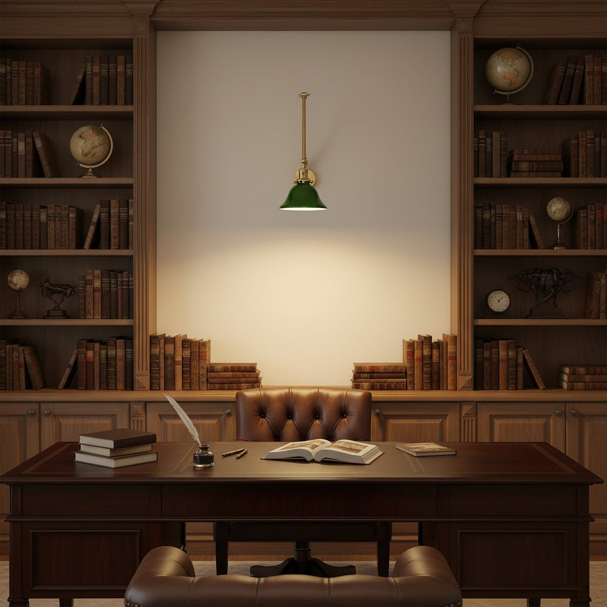 The lamp's arm folded compactly against the wall.