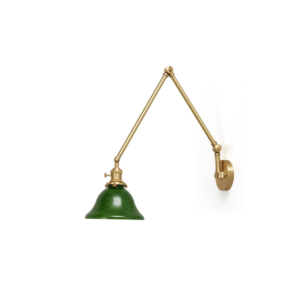 Brady Swing Arm Wall Lamp with green shade and brass finish.