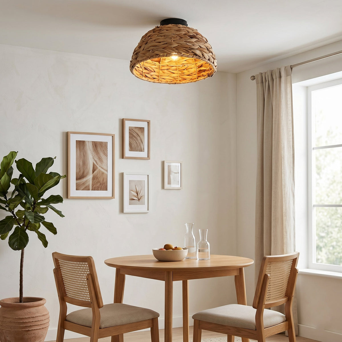 The Cambria Ceiling Light shown illuminated, casting a warm and inviting glow.
