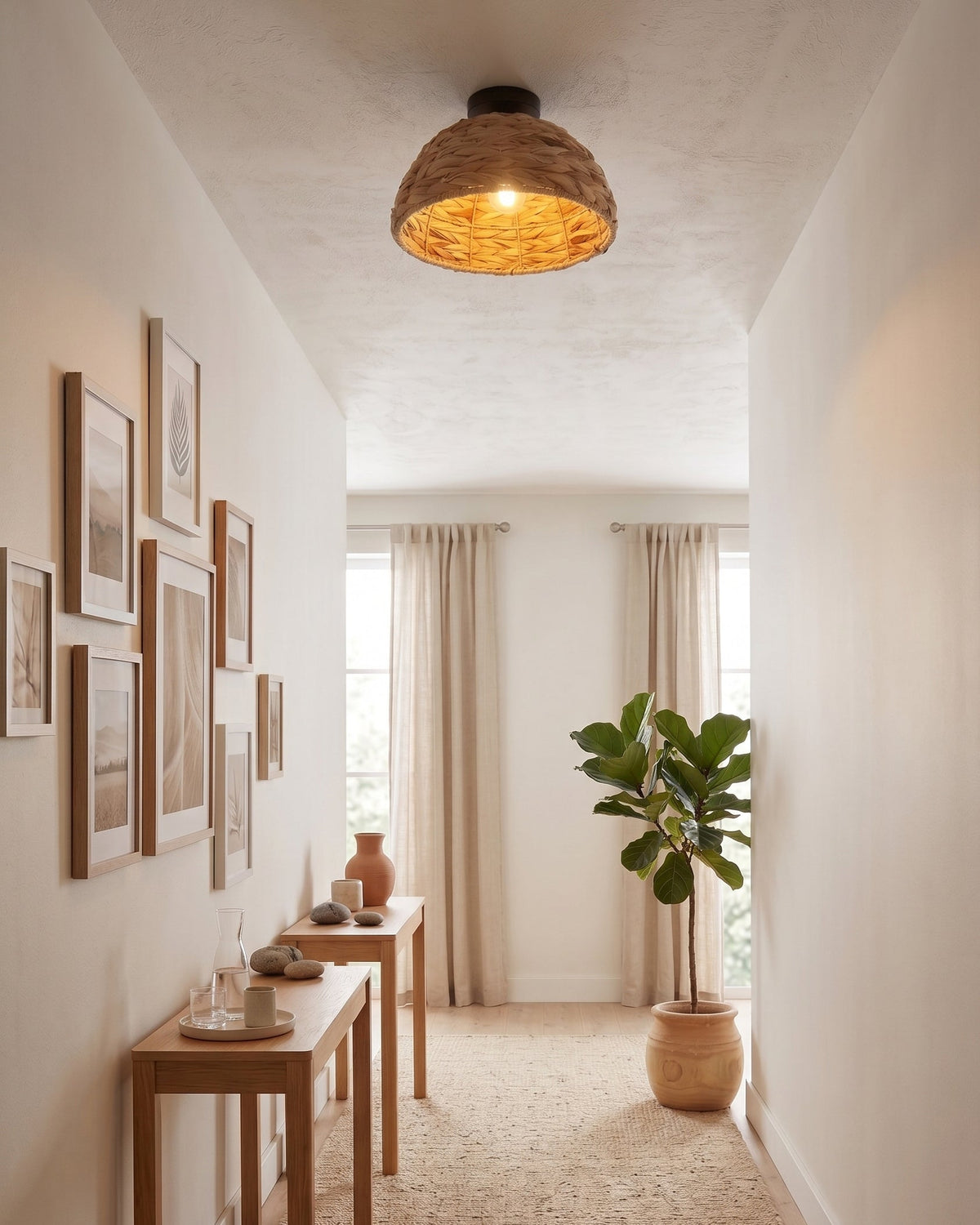 Cambria Ceiling Light installed in a coastal-themed living room, adding natural texture.